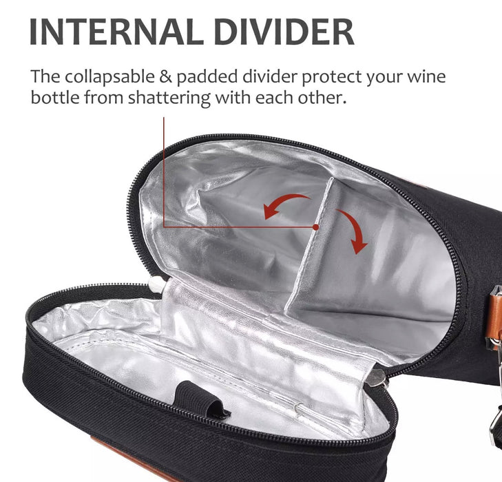 2 Bottle Holder Bag Tote- Insulated Carrier with Wine and Picnic Accessories Storage and 2 Pk 100% Tritan Stemless Champagne Flute. Collapsible dividers does not only protect glass beverage bottles from breaking but also is collapsible for easy storage when not in use. Build your Wine Bag!