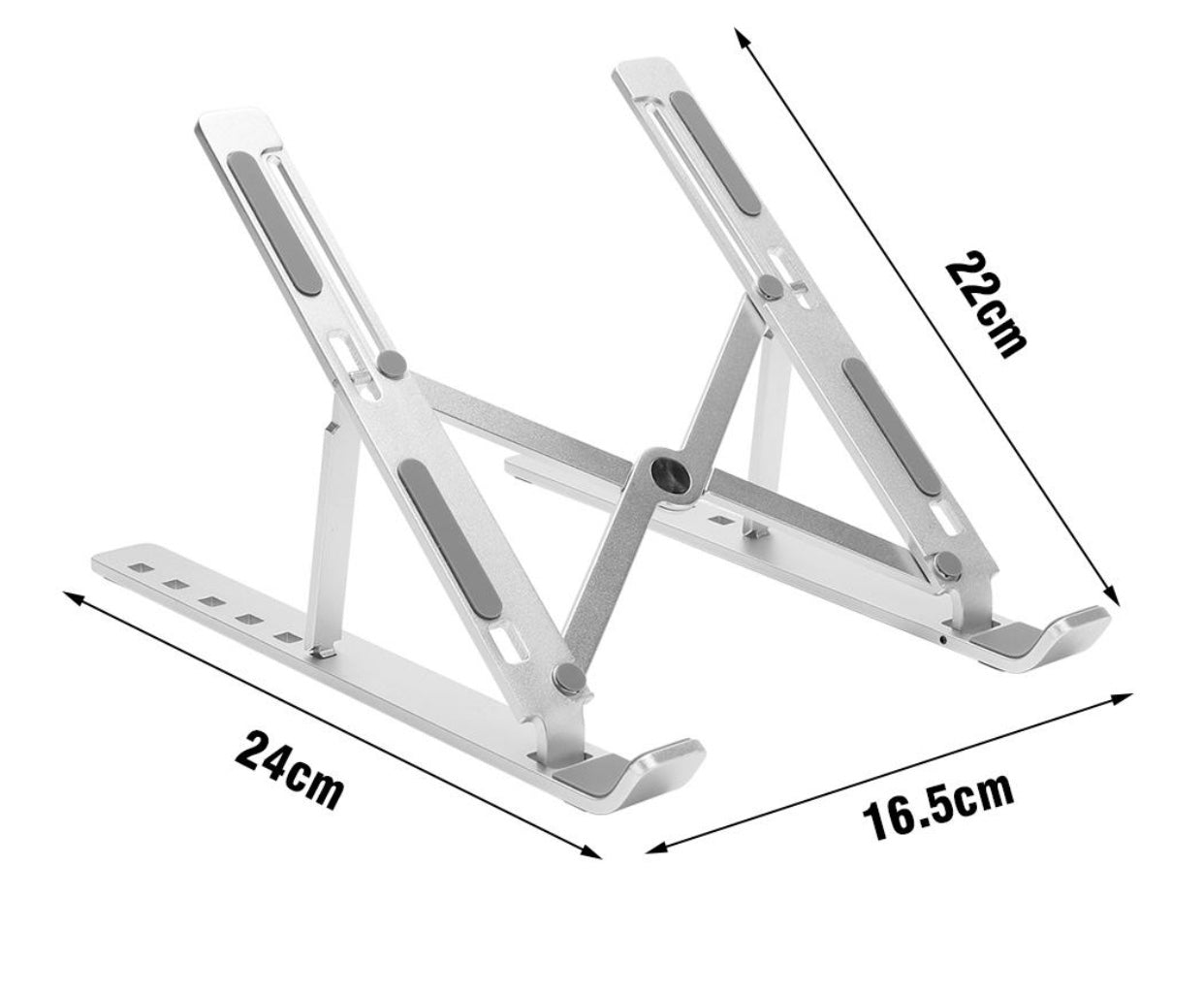 Aluminum Laptop Stand, Foldable, Ergonomic and Portable - Supports Up to 17 inch Screen, Six Level Adjustment. Note the Height and width of this device.