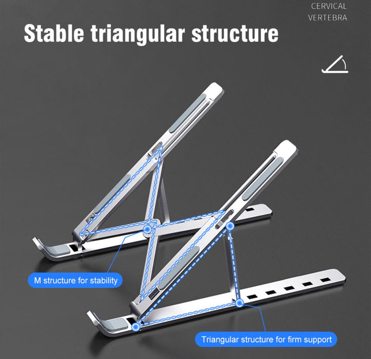 Aluminum Laptop Stand, Foldable, Ergonomic and Portable - Supports Up to 17 inch Screen, Six Level Adjustment. Triangular support.