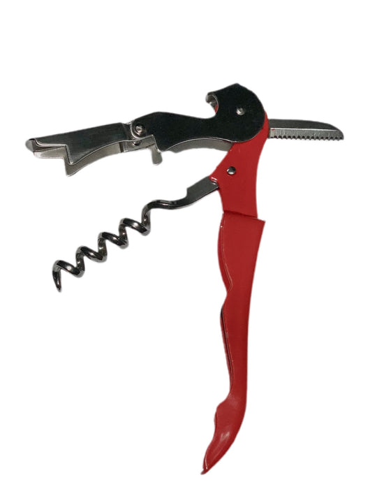 Waiter's Stainless Steel Corkscrew. Heavy Duty, Double-hinged Multi-tool and Portable. Easy to use! Burgundy. Notice multi-tool function.