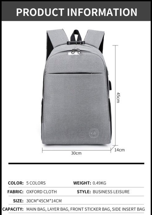 Backpack-RFID, Anti-theft, Security Lock, Smart, Usb Charging, Lightweight- 15.6- inch Laptop Backpack with 5 color options. Notice Backpack functions.