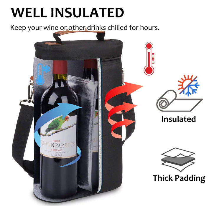2 Bottle Holder Bag Tote- Insulated Carrier with Wine and Picnic Accessories Storage and 2 Pk 100% Tritan Stemless Champagne Flute. Insulated with EPE and Aluminum materials to keep cool or warm temperature. Build your Wine Bag!