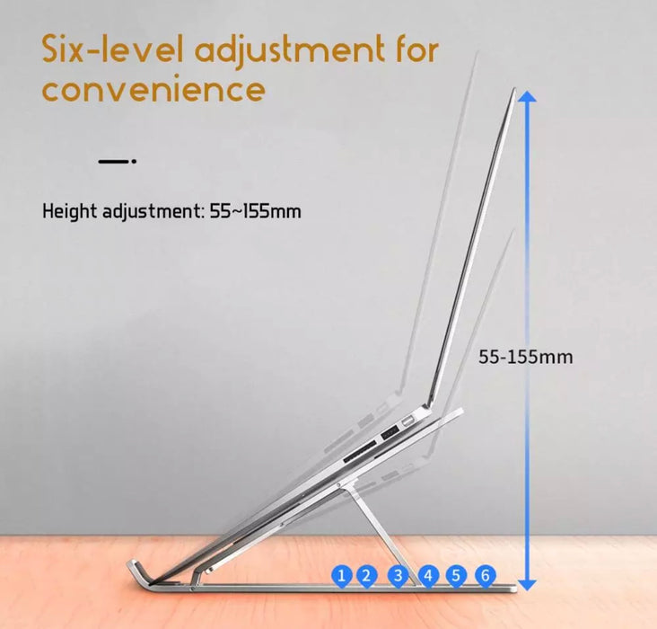 Aluminum Laptop Stand, Foldable, Ergonomic and Portable - Supports Up to 17 inch Screen, Six Level Adjustment. Tilt angle.