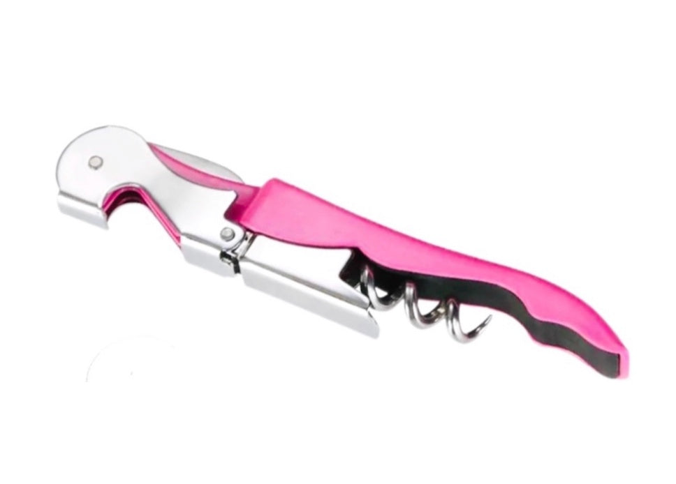 Waiter's Stainless Steel Corkscrew. Heavy Duty, Double-hinged Multi-tool and Portable. Easy to use! Rose Pink. Pink color.