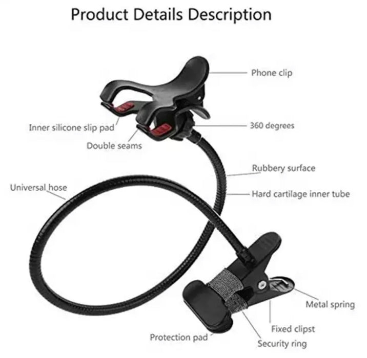 Heavy Duty Phone Holder Adjustable Gooseneck 360 Degrees Rotation Flexible to adjust the position at an ideal distance and comfortable angle for easy viewing.
