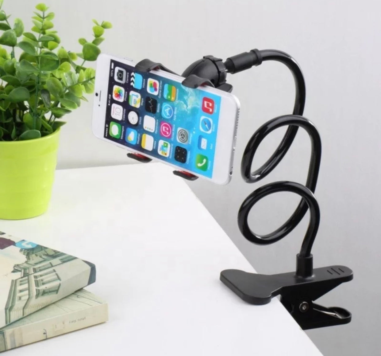 Phone Holder Adjustable Gooseneck 360 Degrees Rotation Flexible to adjust the position at an ideal distance and comfortable angle for easy viewing.