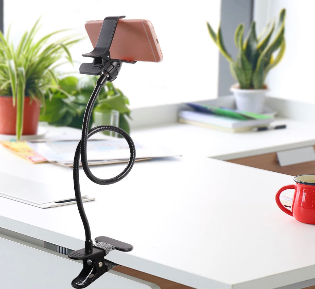 Phone Holder Adjustable Gooseneck 360 Degrees Rotation Flexible to adjust the position at an ideal distance and comfortable angle for easy viewing.