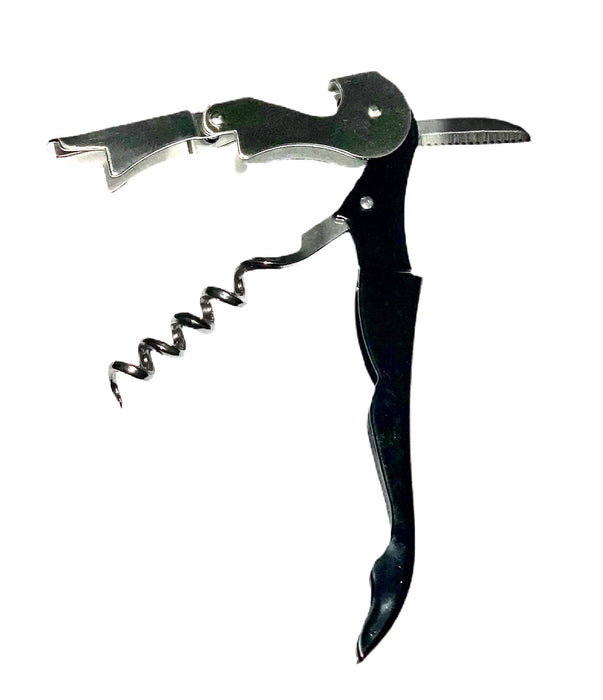 Waiter's Stainless Steel Corkscrew. Heavy Duty, Double-hinged Multi-tool and Portable. Easy to use! Black color. Notice multi-tool functions.
