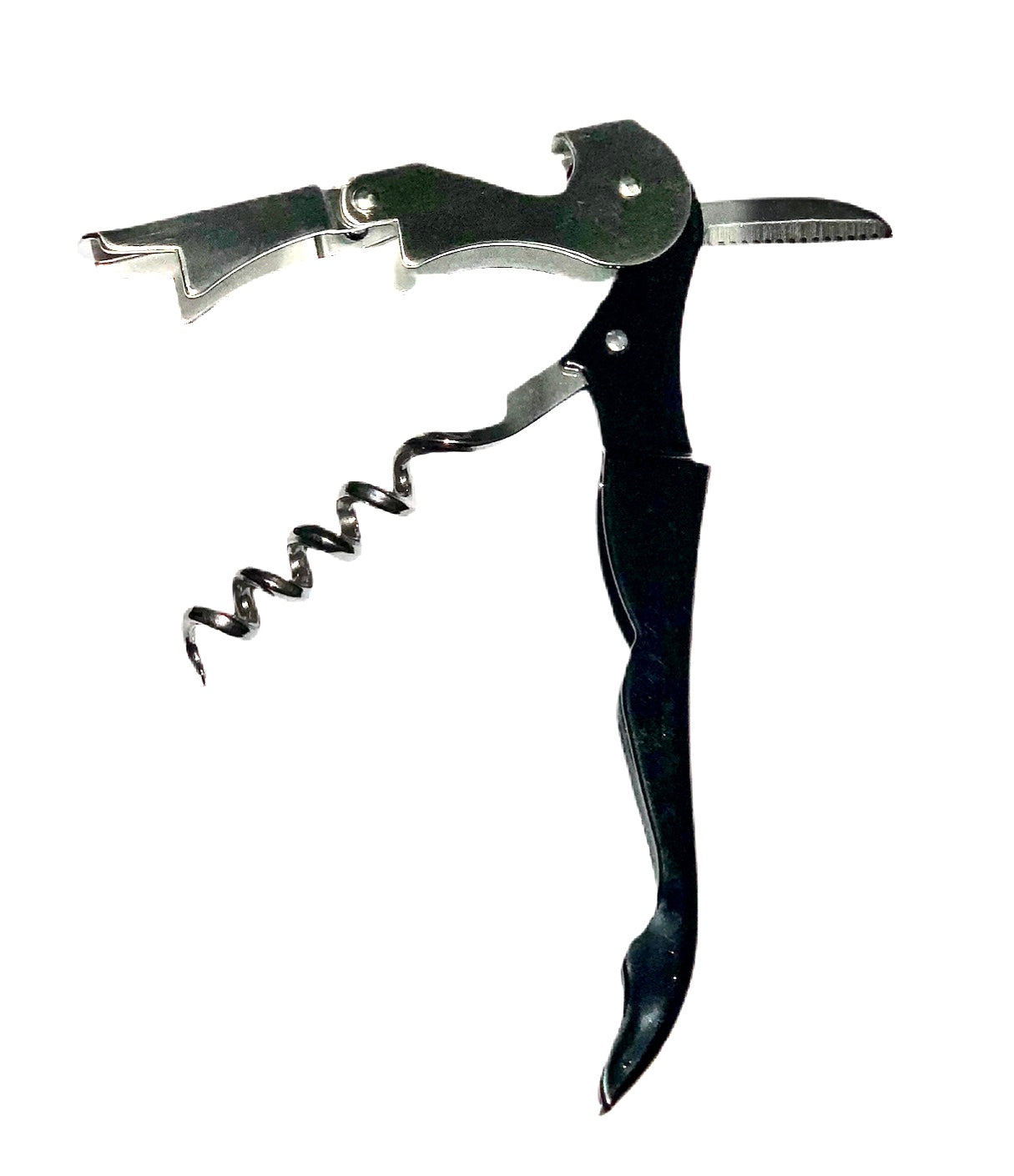 Waiter's Stainless Steel Corkscrew. Heavy Duty, Double-hinged Multi-tool and Portable. Easy to use! Black. Notice multi-tool function.