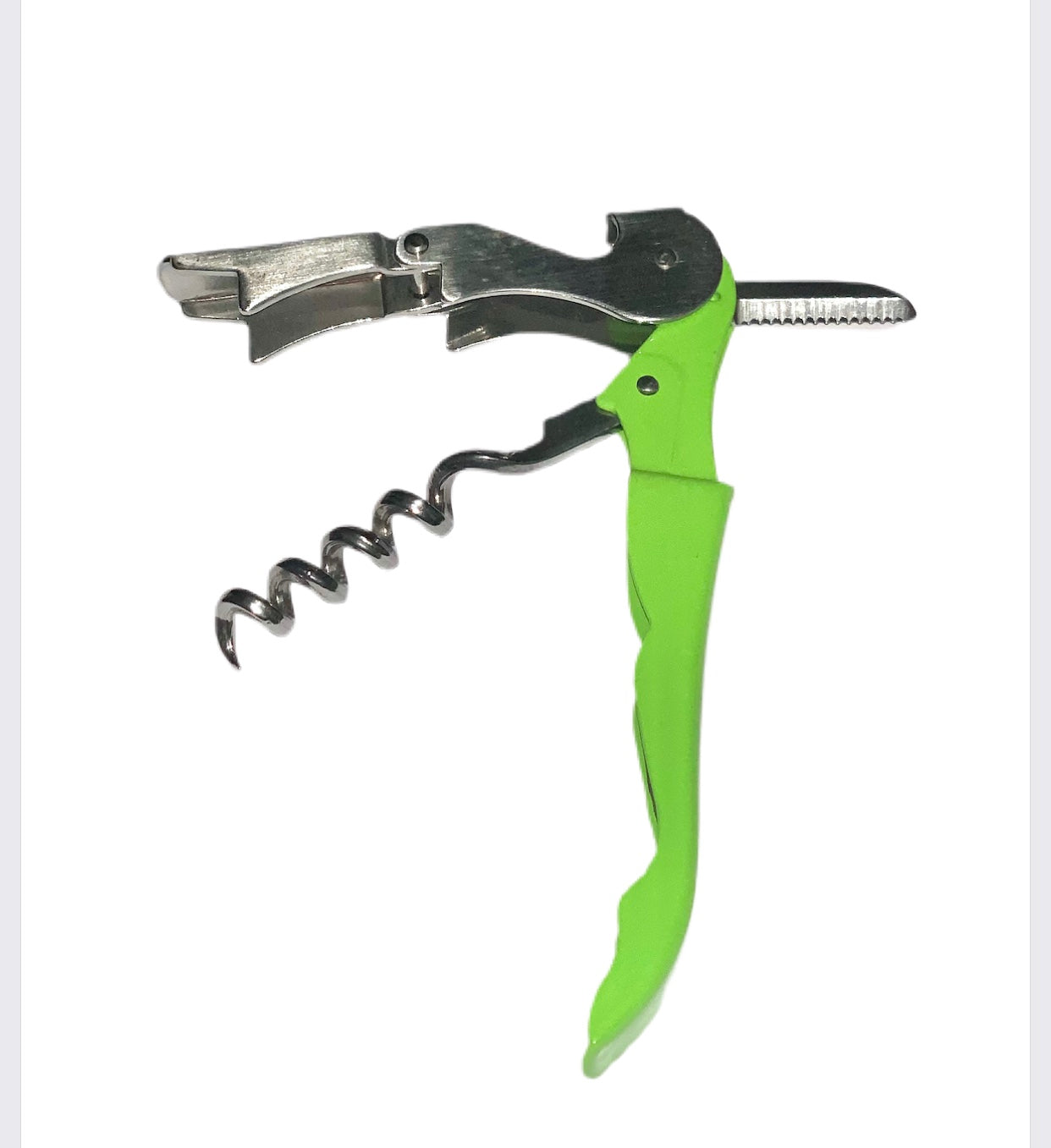Waiter's Stainless Steel Corkscrew. Heavy Duty, Double-hinged Multi-tool and Portable. Easy to use! Gren. Notice multi-tool function.