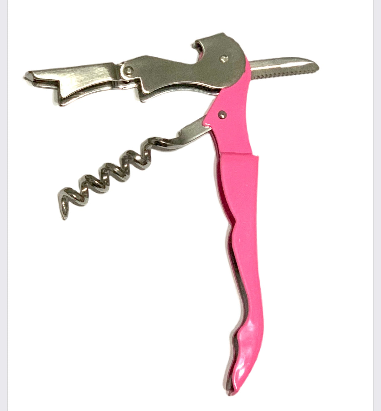 Waiter's Stainless Steel Corkscrew. Heavy Duty, Double-hinged Multi-tool and Portable. Easy to use! Pink. Notice multi-tool function.