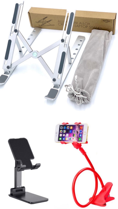 Aluminum Laptop Stand + Gooseneck Phone Holder + Phone or Tablet Cradle Holder Bundle (3 PK)