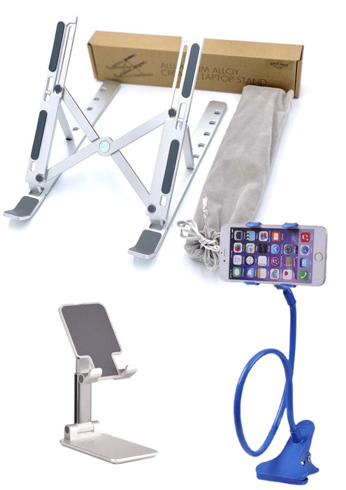 Aluminum Laptop Stand + Gooseneck Phone Holder + Phone or Tablet Cradle Holder Bundle (3 PK)