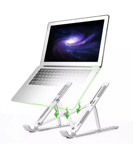 Aluminum Laptop Stand, Foldable, Ergonomic and Portable - Supports Up to 17 inch Screen, Six Level Adjustment. Its design allows to vent your computer.