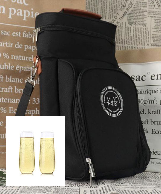 2 Bottle Holder Bag Tote- Insulated Carrier with Wine and Picnic Accessories Storage and 2 Pk 100% Tritan Stemless Champagne Flute is Unbreakable, Shatterproof and Dishwasher Safe. Build your Wine Bag!